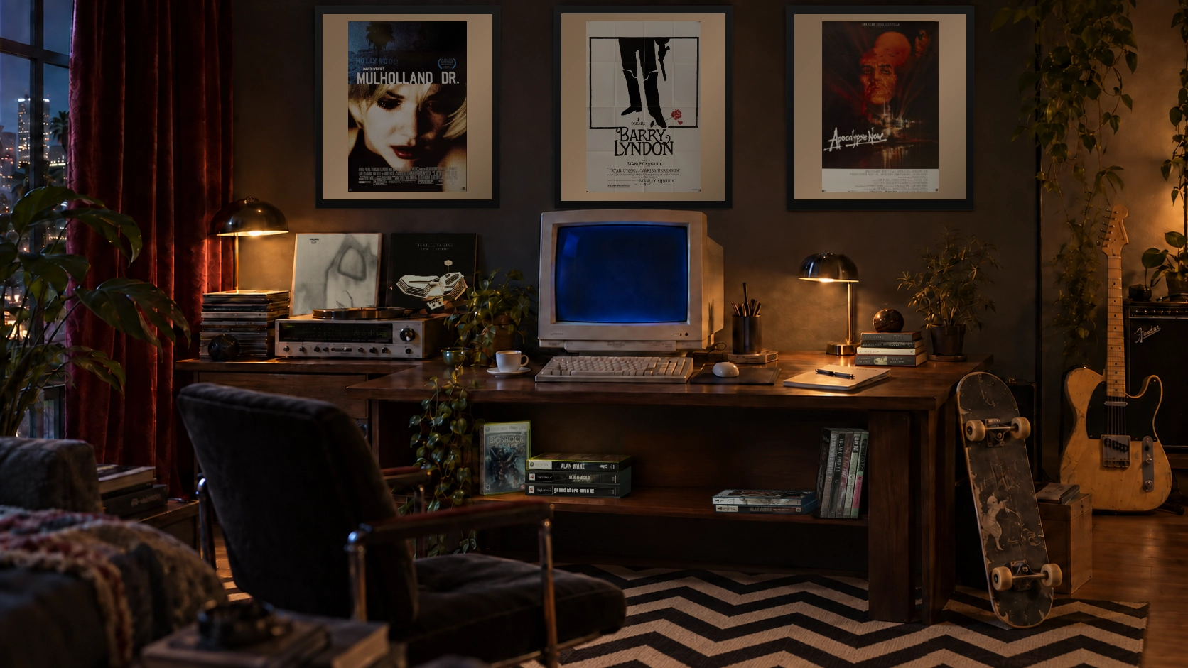 A late-night room with framed film posters, records, books, games, a glowing computer, an electric guitar, and a skateboard.